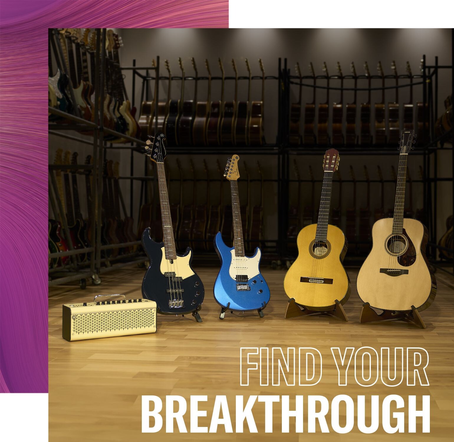 Background is a rack full of guitars. 5 products are placed in the center. From the left is THR30II, BBP34 Midnight blue, PACIFICA Professional Sparkle Blue (Rosewood), GC32S, FG9R.